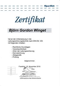 Zertifikat Winget Ladungssicherungstechnik nach DIN EN, VDI